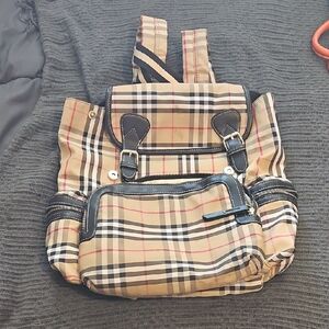 Burberry Rusack Style Designer Plaid Backpack Handbag with Black Trim